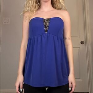 Women’s Strapless Purplish Blue Torrid Top W/Metal Embellishments On Bust Sz 1